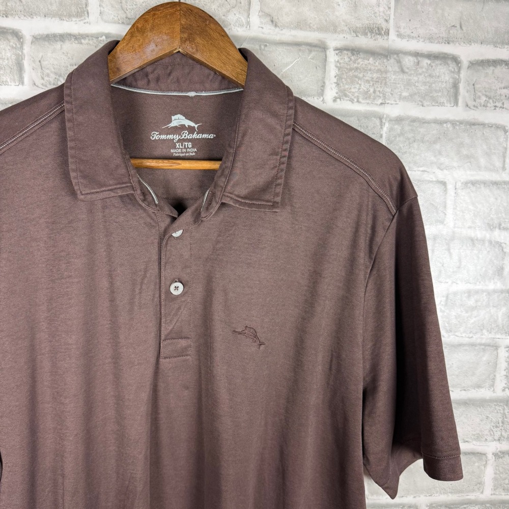 Tommy Bahama Mens XL Polo Shirt Brown Short Sleeve Marlin Logo Cotton Blend